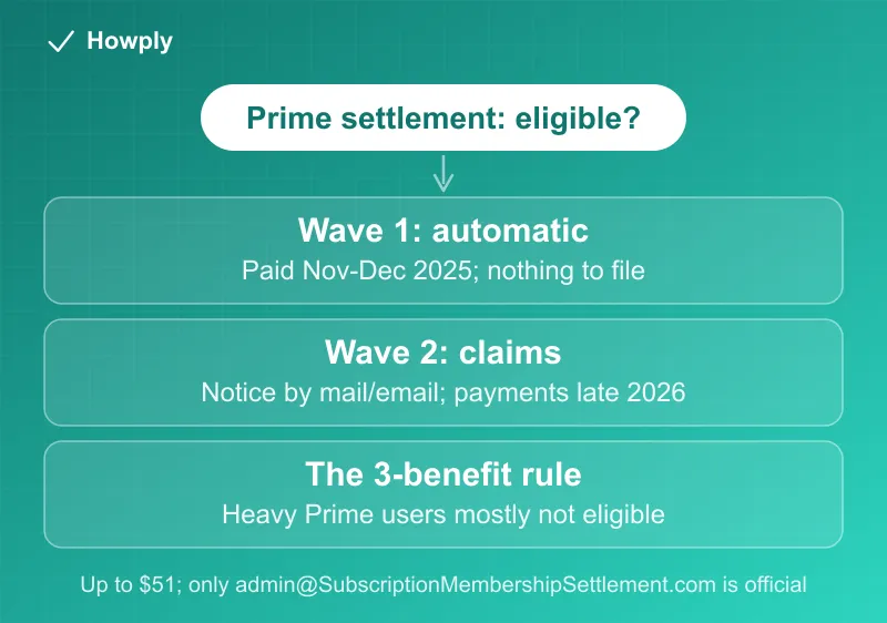 Diagram: the three eligibility rules for the Amazon Prime settlement refund, and the two payment waves