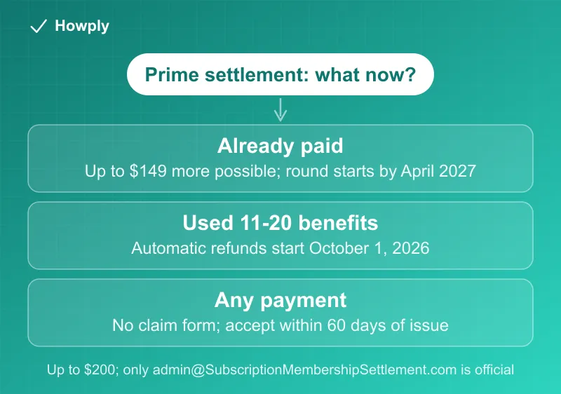 Diagram: the revised Amazon Prime settlement in three parts, people already paid who may get up to 149 dollars more in a round starting by April 2027, people who used 11 to 20 Prime benefits who get automatic refunds starting October 1, 2026, and the rule for any payment that there is no claim form and 60 days to accept