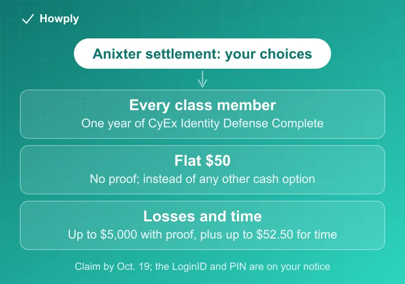 Diagram: your choices in the Anixter Center data breach settlement, one year of identity protection for every class member, then either a flat 50 dollar payment with no proof, or documented losses up to 5,000 dollars together with up to 52 dollars and 50 cents for three hours of your time, with the October 19 claim deadline