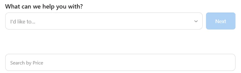 The reportaproblem.apple.com request form, signed in: "What can we help you with?" above an "I'd like to..." dropdown with a Next button, and a Search by Price field beneath it