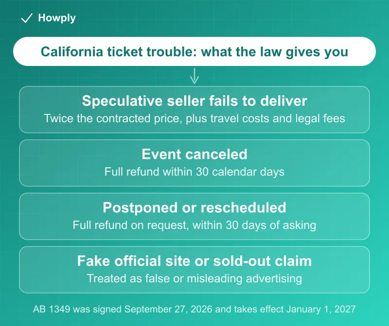 Flowchart: what California ticket law gives a buyer, twice the contracted price plus travel costs when a speculative seller fails to deliver, a full refund within 30 calendar days for a canceled event, a refund on request for a postponed or rescheduled event, and false advertising rules against fake official sites and false sold-out claims, with AB 1349 taking effect January 1, 2027