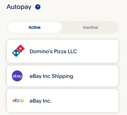 PayPal's Autopay panel, signed in: the Active tab selected, an Inactive tab beside it, and three merchants listed with standing permission to charge the account, a pizza chain and two eBay entries