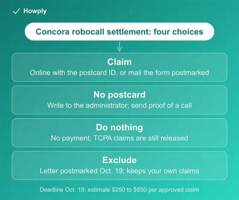 Diagram: your four choices in the Concora Credit robocall settlement by October 19, claim online with the postcard ID or by mail, request a form in writing if no postcard arrived, do nothing and still release TCPA claims, or exclude yourself by letter to keep your own claims