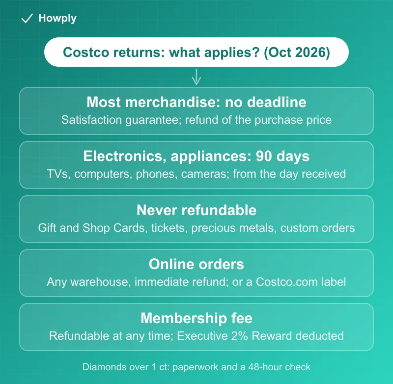 Diagram: Costco returns in October 2026, most merchandise with no deadline under the satisfaction guarantee and a refund of the purchase price, electronics and appliances including TVs, computers, phones and cameras within 90 days from the day received, never refundable items including gift and Shop Cards, tickets, precious metals and custom orders, online orders returnable at any warehouse for an immediate refund or with a Costco.com label, and the membership fee refundable at any time with the Executive 2 percent Reward deducted, with the note that diamonds over one carat need paperwork and a 48-hour check