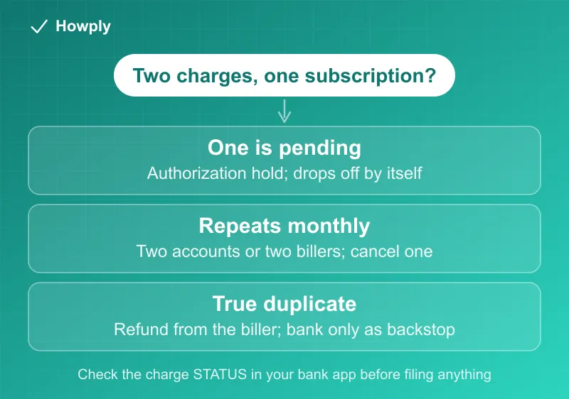 Diagram: three paths for a double subscription charge, from pending authorization holds to duplicate accounts to genuine duplicates refunded by the biller