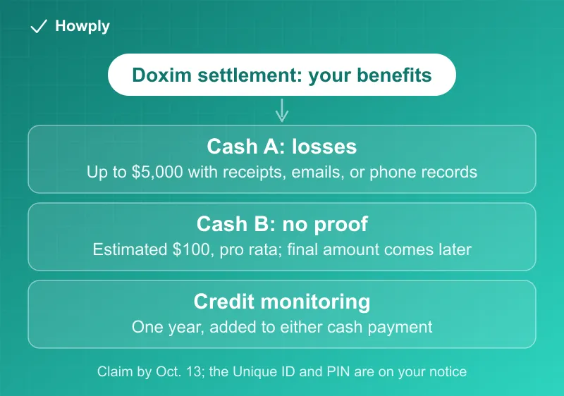 Diagram: your benefits in the Doxim data breach settlement, Cash Payment A for documented losses up to 5,000 dollars, Cash Payment B of about 100 dollars without documents, and one year of credit monitoring in addition to either, with the October 13 claim deadline