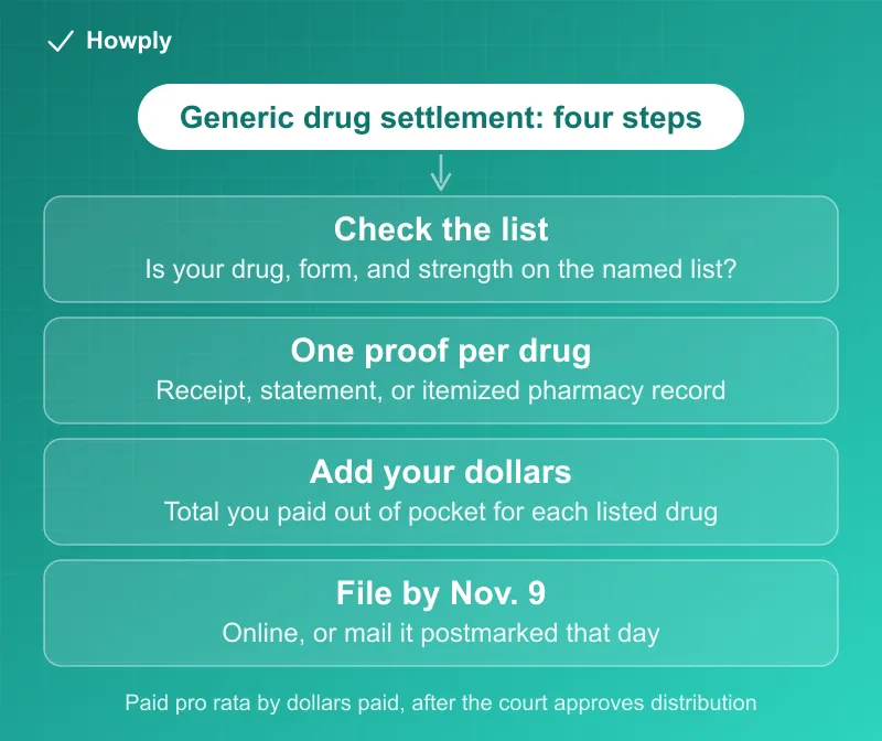Diagram: how to file a consumer claim in the generic drug price-fixing settlements, check whether your drug is on the named list, find one proof of purchase for each drug, add up the dollars you paid for each drug, then file online or mail the form postmarked by November 9