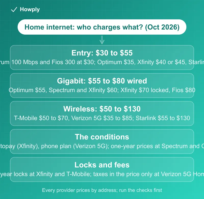 Diagram: home internet prices compared in October 2026, Spectrum and Verizon Fios from 30 dollars, Optimum from 35, Xfinity from 40 for a year or 45 locked for five years, AT&T Fiber and T-Mobile from 50, Starlink from 55 to 130, with gigabit at 55 to 80 among the wired providers, locks from one to five years, equipment included at most but a 10 dollar router at Spectrum, and only Verizon 5G Home including taxes and fees in the price