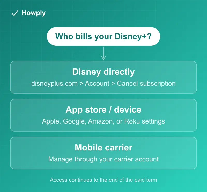 Flowchart: who bills your Disney+, with the cancellation path for direct, app store, and carrier billing