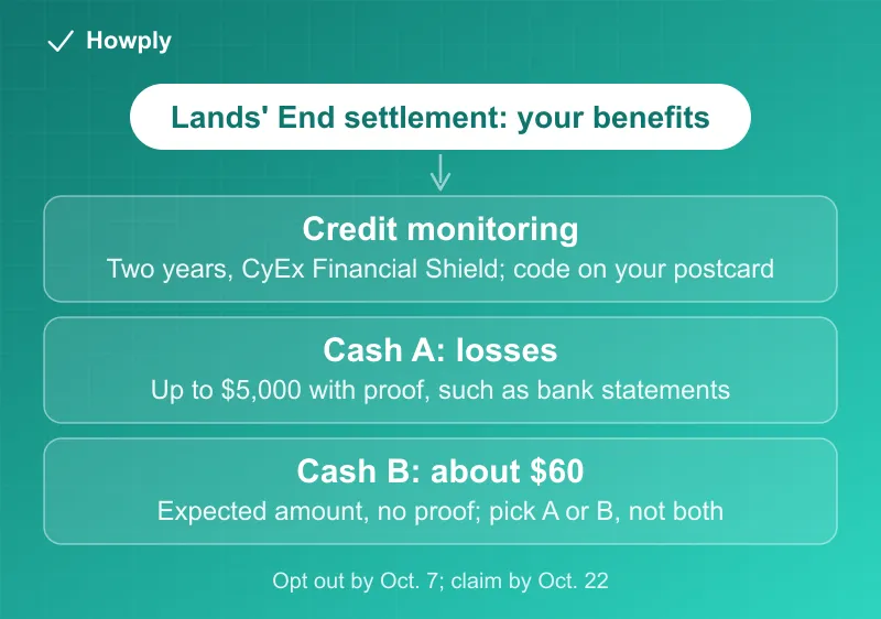Diagram: your benefits in the Lands' End data breach settlement, two years of financial monitoring with a mailed enrollment code, then either documented losses up to 5,000 dollars or a flat payment expected to be 60 dollars, with the October 7 opt-out deadline before the October 22 claim deadline