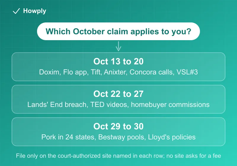 Diagram: the October 2026 settlement claim deadlines sorted into three groups, October 13 to 20 with the Doxim, Flo app, Tift Regional, Anixter, Concora calls and VSL#3 claims, October 22 to 27 with the Lands' End breach, TED videos and homebuyer commissions, and October 29 to 30 with pork purchases in 24 states, Bestway pools and Lloyd's policies, with the rule to file only on the court-authorized site