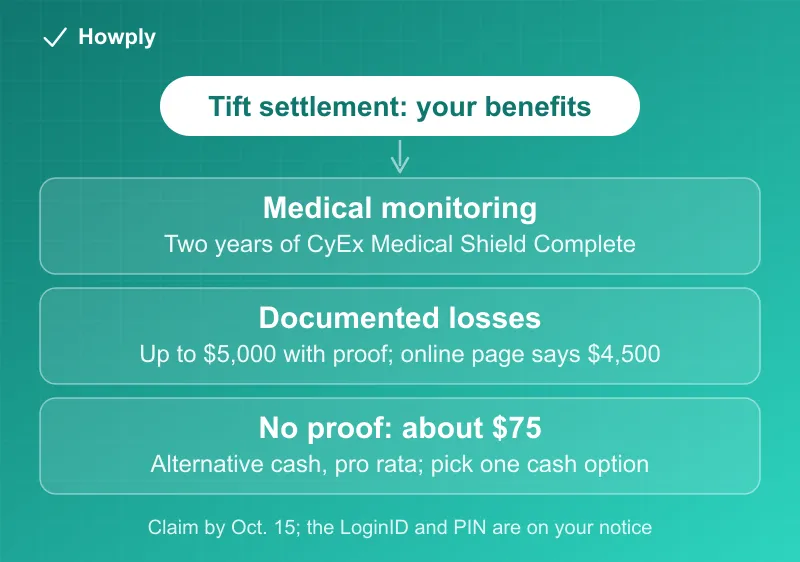 Diagram: your benefits in the Tift Regional data breach settlement, two years of medical identity monitoring, a documented loss payment of up to 5,000 dollars with proof, or an alternative cash payment expected to be 75 dollars with no proof, with the October 15 claim deadline