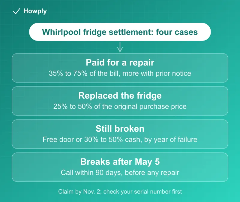 Diagram: your options in the Whirlpool refrigerator settlement, paid for a repair and get 35 to 75 percent back, replaced the refrigerator and get 25 to 50 percent of the price back, still broken and choose a free door or 30 to 50 percent cash, or broke after May 5 2026 and call within 90 days